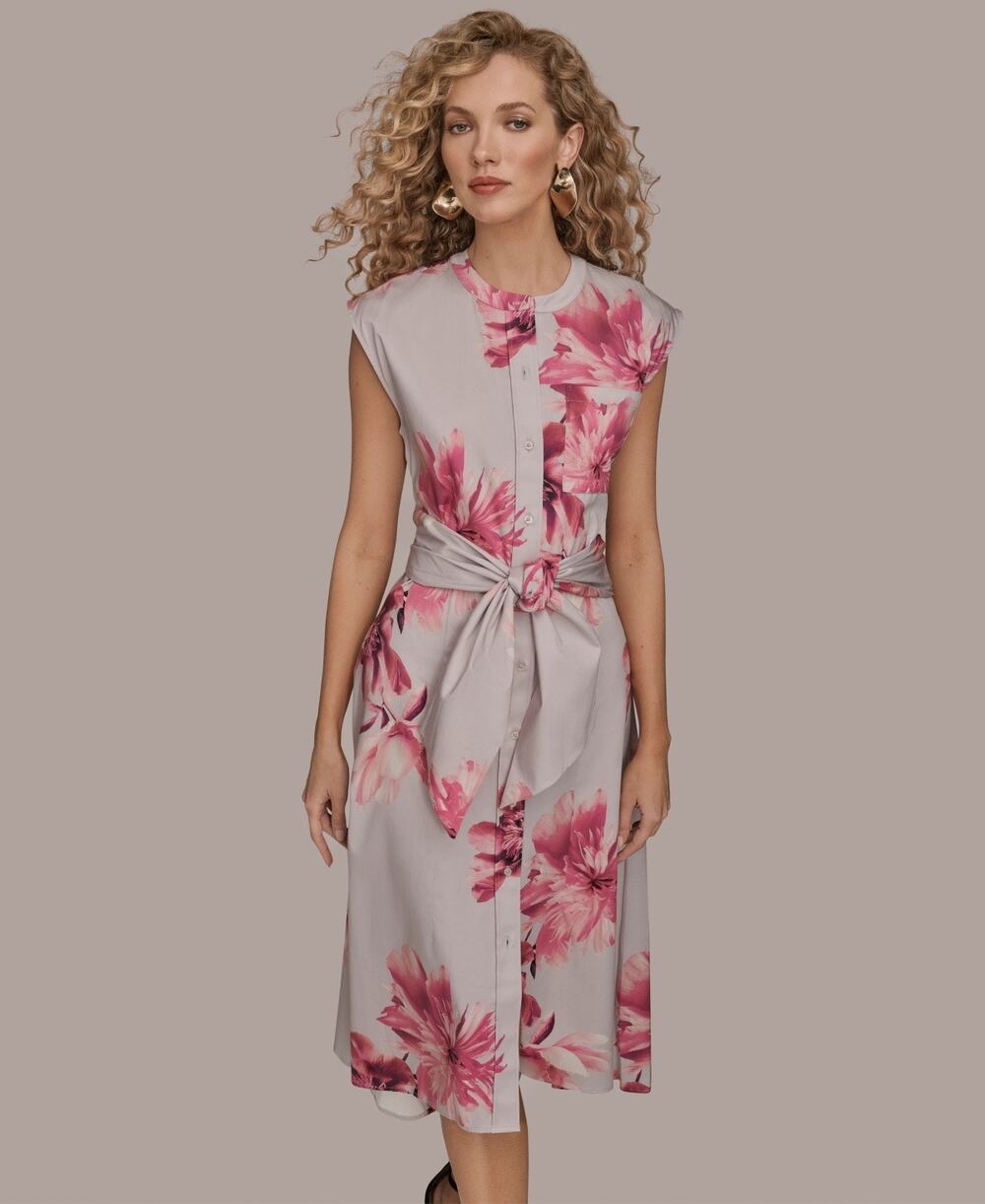 Donna Karan New York Dress SZ Medium NEW Floral Midi Cotton Button Tie Pink NWOT